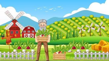 Farm scene with old farmer man and farm animals vector