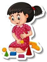 Sticker template with a girl playing with her toy isolated vector