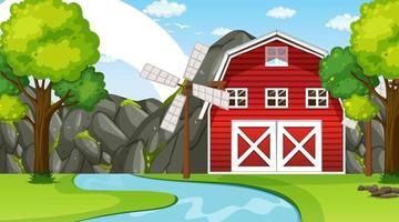 Escena del paisaje de la granja con granero y molino de viento. vector