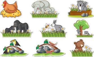 Sticker set with different wild animals and nature elements vector