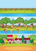 Set of different horizontal scenes background with doodle kids cartoon character vector