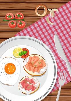 Top view of breakfast set in a dish on the table vector