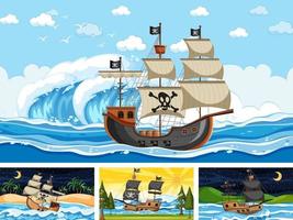 Set of ocean scenes at different times with Pirate ship in cartoon style vector