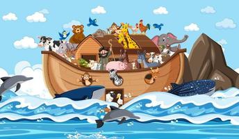 Animals on Noah's ark floating in the ocean scene vector