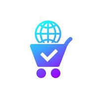 Online shopping icon with cart and globe, vector