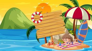 Kids on vacation at the beach sunset scene with an empty banner template vector