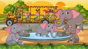 Elephant group in Safari scene at sunset time with children in the tourist car vector