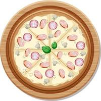 Vista superior de una pizza vegana entera en placa de madera aislada
