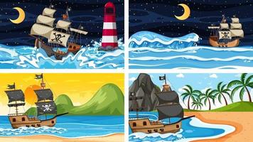 Set of ocean scenes at different times with Pirate ship in cartoon style vector