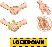 Lockdown font design with virus spreads from shaking hands on white background vector