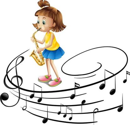 Cartoon character of a girl playing saxophone with musical melody symbols