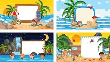 conjunto de diferentes escenas de playa tropical con banner en blanco vector