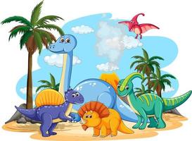 Many cute dinosaurs character in prehistoric land isolated vector