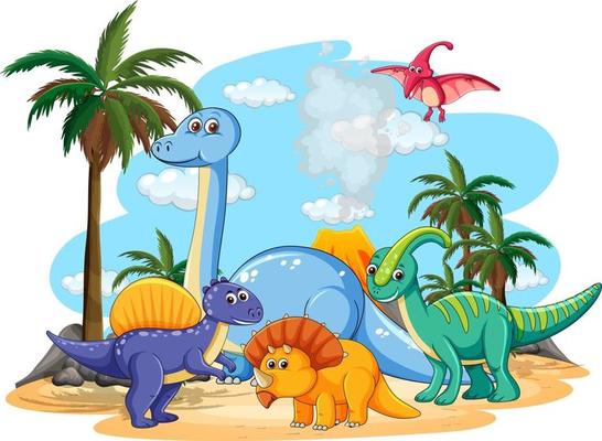 Many cute dinosaurs character in prehistoric land isolated