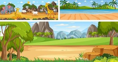 conjunto de paisaje panorámico al aire libre con personaje de dibujos animados vector