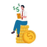 businessman seated in coins money dollars vector