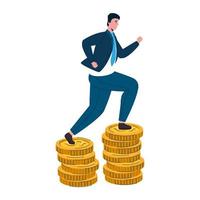 businessman running in pile coins cash money dollars vector