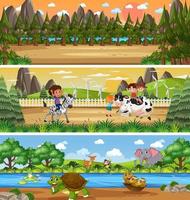 Panoramic nature landscape scene set with cartoon character vector