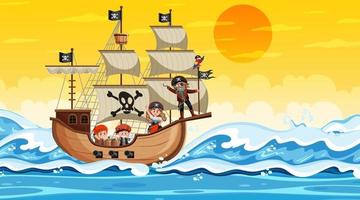 océano con barco pirata en la escena del atardecer en estilo de dibujos animados vector