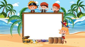 Plantilla de banner vacío con niños piratas en la escena diurna de la playa vector