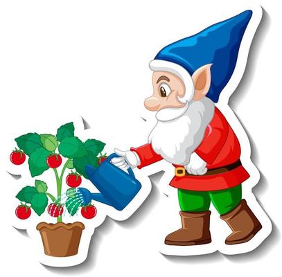 A sticker template with garden gnome or dwarf watering plant