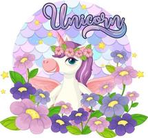 Unicorn cartoon character on pastel scales background isolated vector