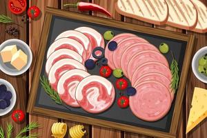 Platter of cold meats and smoked meats on the table background vector