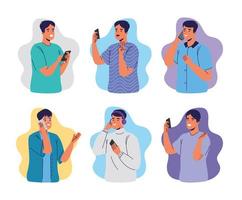 group of men using smartphones characters vector