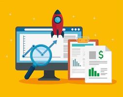 desktop and financial documents with rocket vector