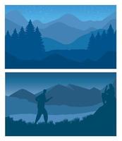 forest and mountains with man walking abstract landscapes scenes vector