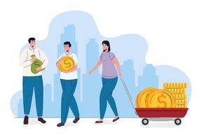 people with coins money dollars in cart vector