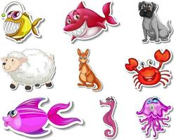 Set of stickers with sea animals and dogs cartoon character vector