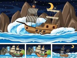 Set of Ocean with Pirate ship at different times scenes  in cartoon style vector