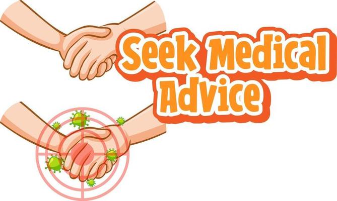 Seek Medical Advice font in cartoon style with hands holding together isolated