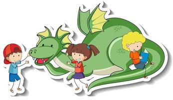 Sticker template with a dragon and many kids isolated vector