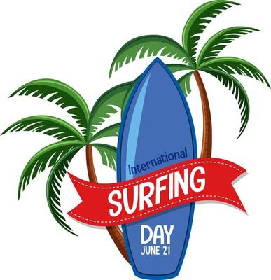 International Surfing Day font with surfboard banner isolated