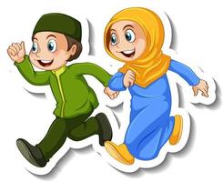 Sticker template with couple of muslim kids cartoon character isolated vector