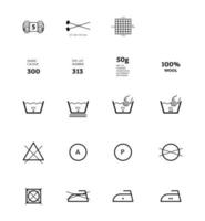 Yarn label laundering information. Vector icons fabric feature, garments property symbols. Wind proof, wool, waterproof, uv protection. Linear wear labels, textile industry clothes pictogram