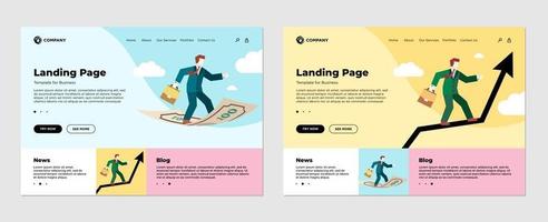 Finance investment concept landing page template set. Businessman with diplomat briefcase flies standing on money banknote. Business man on graph arrow in sky. Flat web site design vector illustration