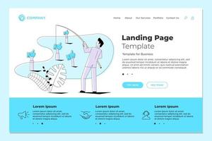 Fisherman businessman fishing thumbs up likes on landing page web design template. Vector business internet technology SMM social media marketing website concept eps illustration