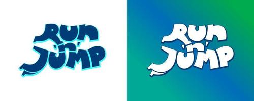 Inscription Run and jump. Letter R form running man, jumping style character J. Corporate sign for game company or sport service. Creative vector illustration