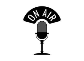 Studio table vintage retro microphone with on air caption. Live broadcast webcast audio record emblem. Radio media mic vector icon