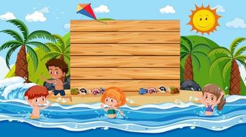 Empty wooden banner template with kids on vacation at the beach daytime scene vector