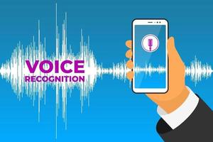 Personal assistant and voice recognition mobile app. Hand holds smartphone device with microphone button on screen and speech sound wave. Soundwave intelligent technologies vector illustration