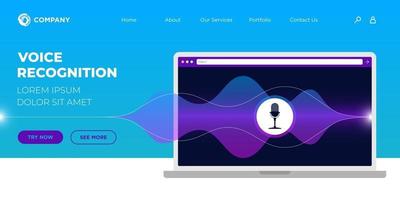 Intelligence personal online voice assistant recognition landing page UI or UX web design template. Laptop screen with sound waves and microphone dynamic icon. Web site mobile app vector illustration