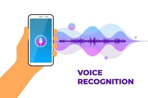 Personal assistant and voice recognition mobile app. Hand holds smartphone with microphone button on screen and gradient sound wave. Soundwave intelligent smart technologies vector illustration