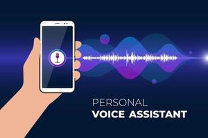 Personal assistant and voice recognition mobile app. Hand holds smartphone with microphone button on screen and gradient sound wave. Soundwave intelligence smart technology vector ai illustration