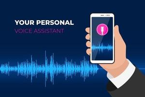 Personal assistant and voice recognition mobile app. Hand holding smartphone with microphone button on screen and speech soundwave. Sound wave smart intelligent technology vector illustration