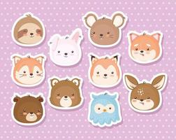 Kawaii animals heads cartoons stickers icon set vector design