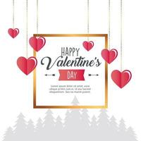 valentines day poster lettering with hearts hanging in square golden frame vector